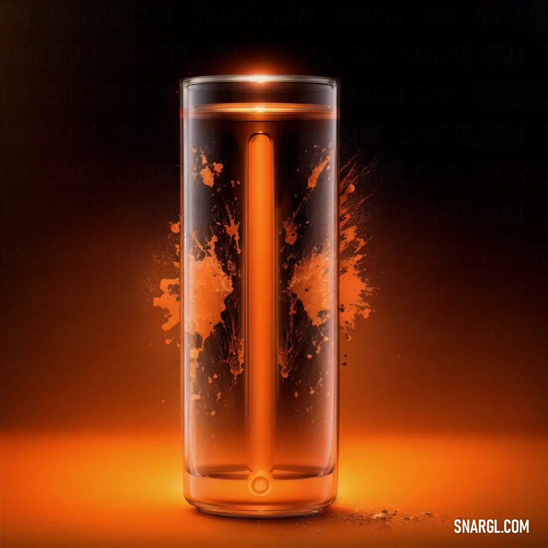 Glass with orange liquid and a black background with a light coming from it and a small orange substance in the middle