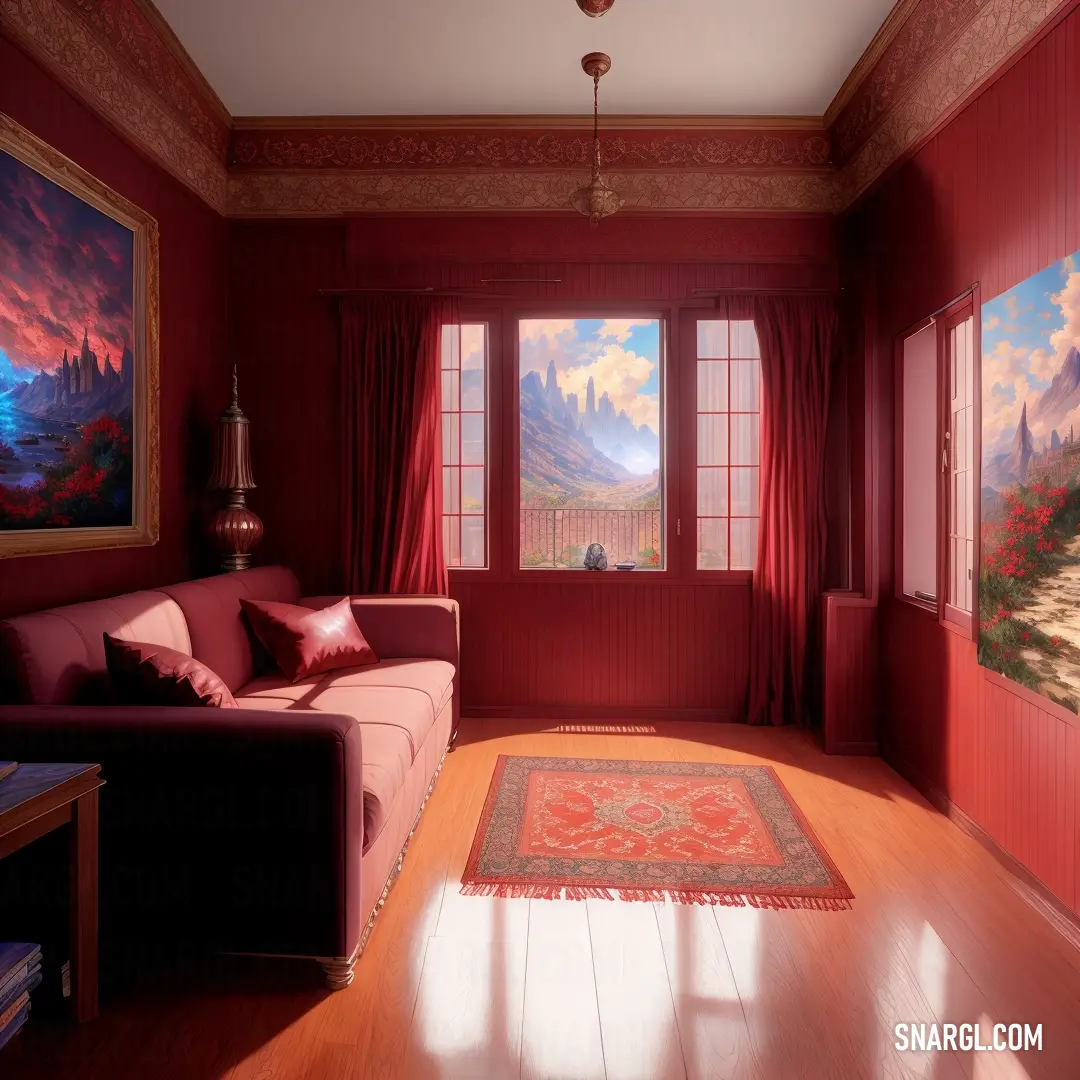 Living room with a couch and a painting on the wall and a rug on the floor in front of the window
