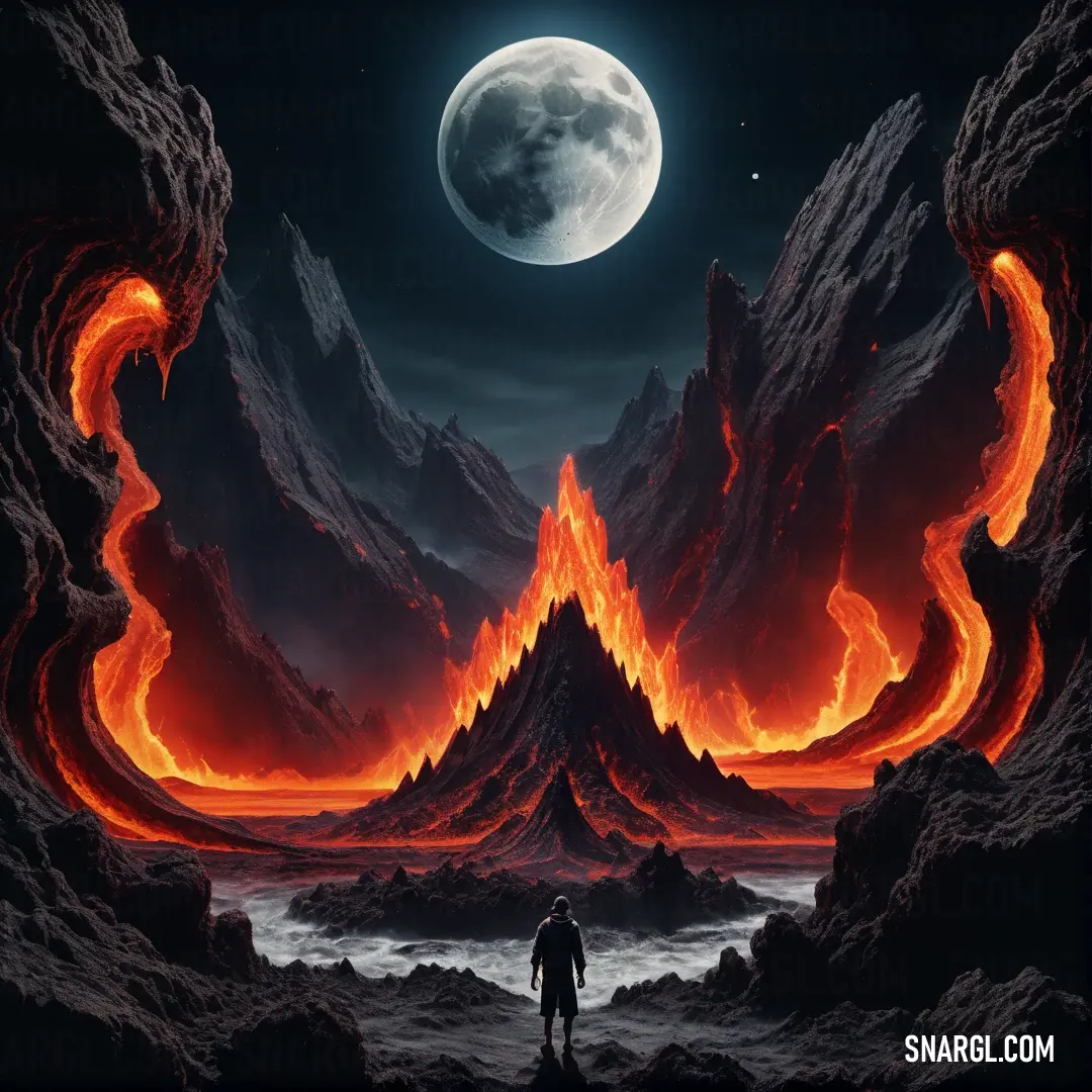 Ubuntu Orange color example: Man standing in front of a mountain covered in lava and lavas under a full moon sky