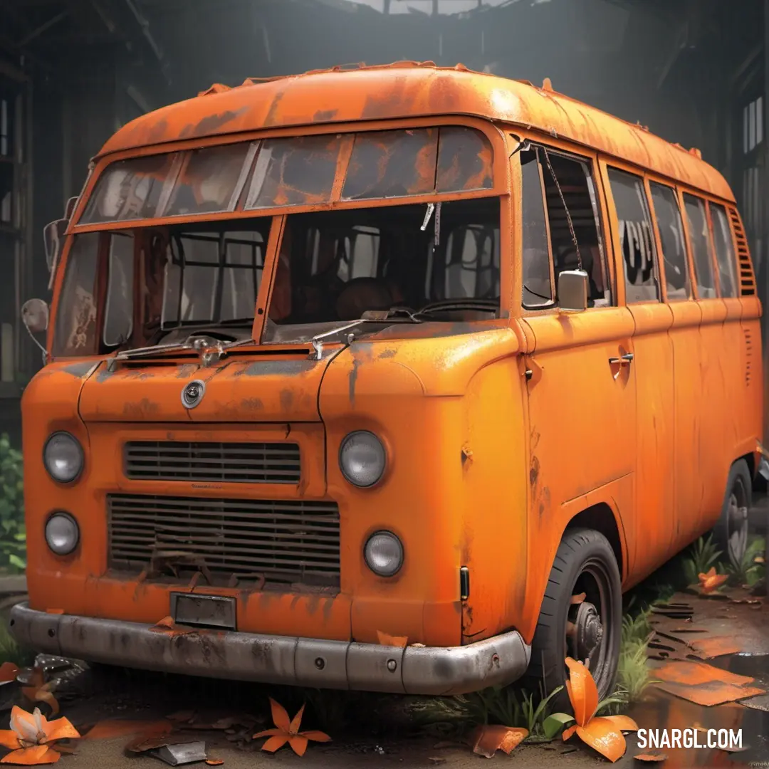 #E95420 color. Old orange bus parked in a garage with leaves on the ground and a building in the background with a window