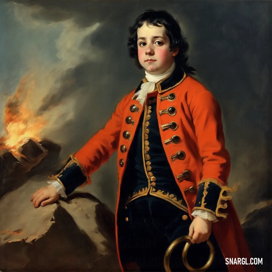 Painting of a boy in a red coat and black pants with a fire in the background and a black