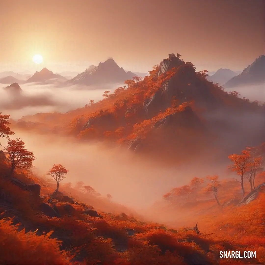 Painting of a mountain range with a stream running through it and a few trees in the distance. Color Ubuntu Orange.