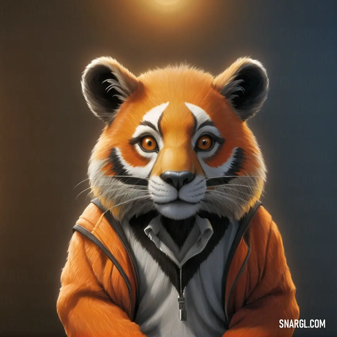 Painting of a tiger wearing a jacket and a light shining in the background. Color Ubuntu Orange.