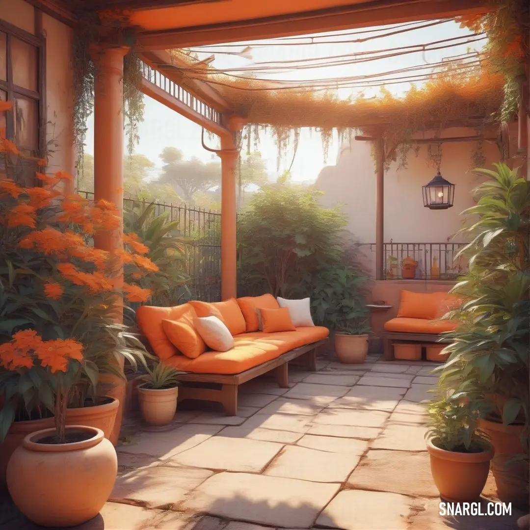 Patio with a couch and potted plants on it and a lantern hanging from the ceiling above it. Color Ubuntu Orange.