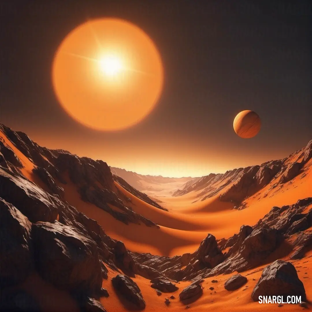 Planet with a sun in the background and a rocky landscape in the foreground with rocks and sand. Color RGB 233,84,32.