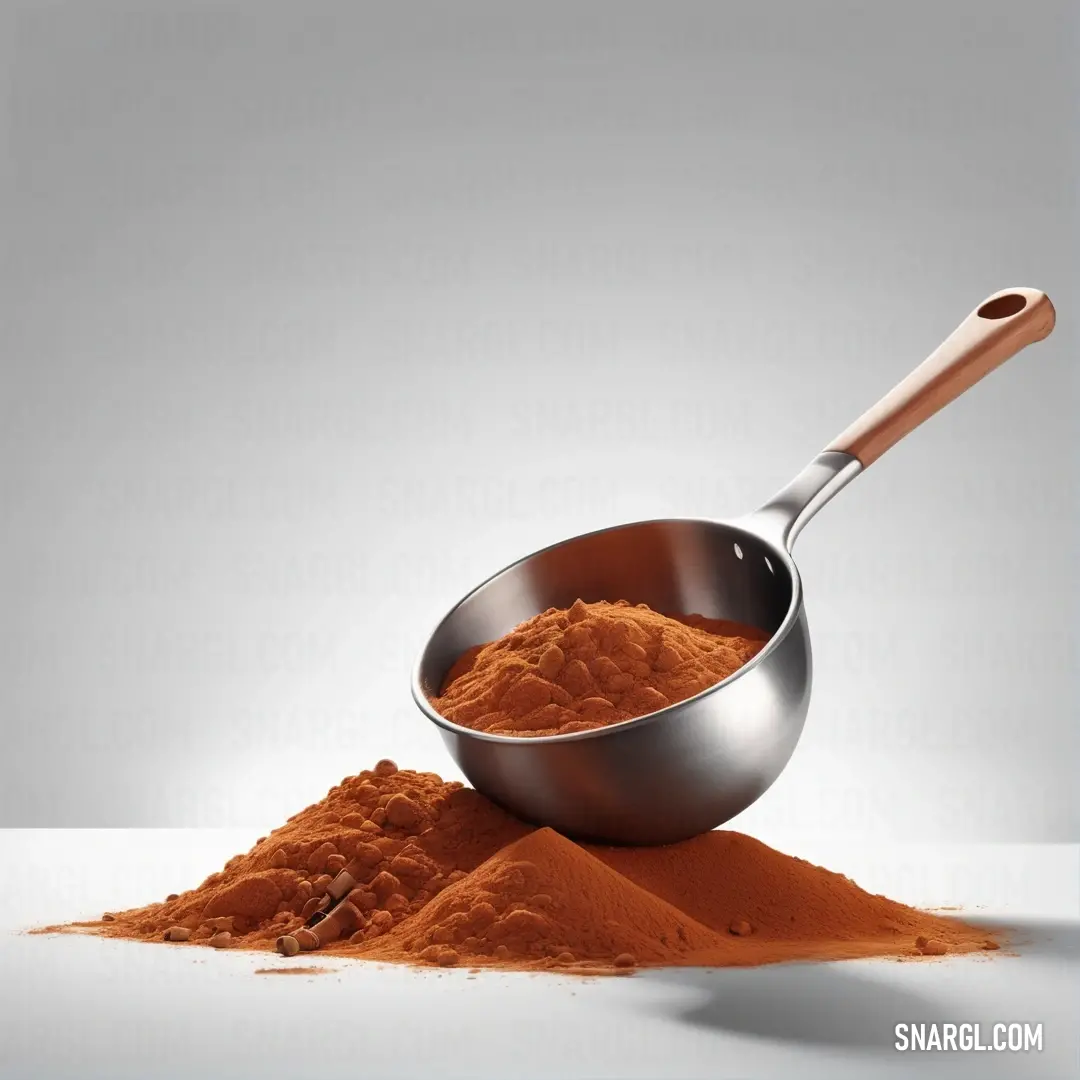 Scoop of red powder with a wooden spoon on it. Example of Ubuntu Orange color.