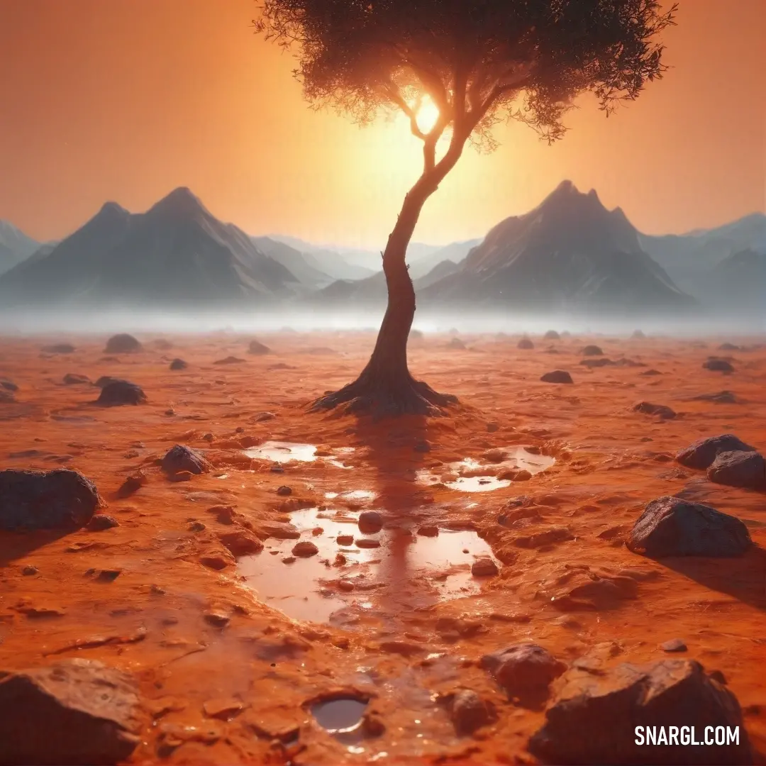 Ubuntu Orange color example: Tree in a barren area with mountains in the background