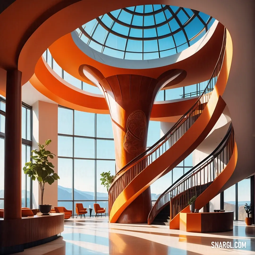 Large spiral staircase in a large room with large windows and a skylight above it. Example of Ubuntu Orange color.