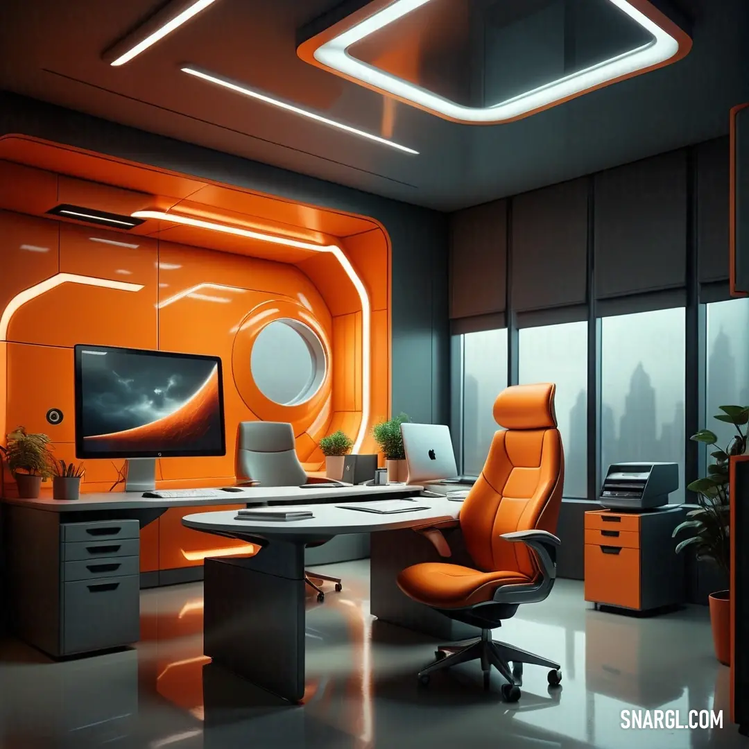 Modern office with orange accents and a large screen tv on the wall and a desk with a laptop. Example of #E95420 color.