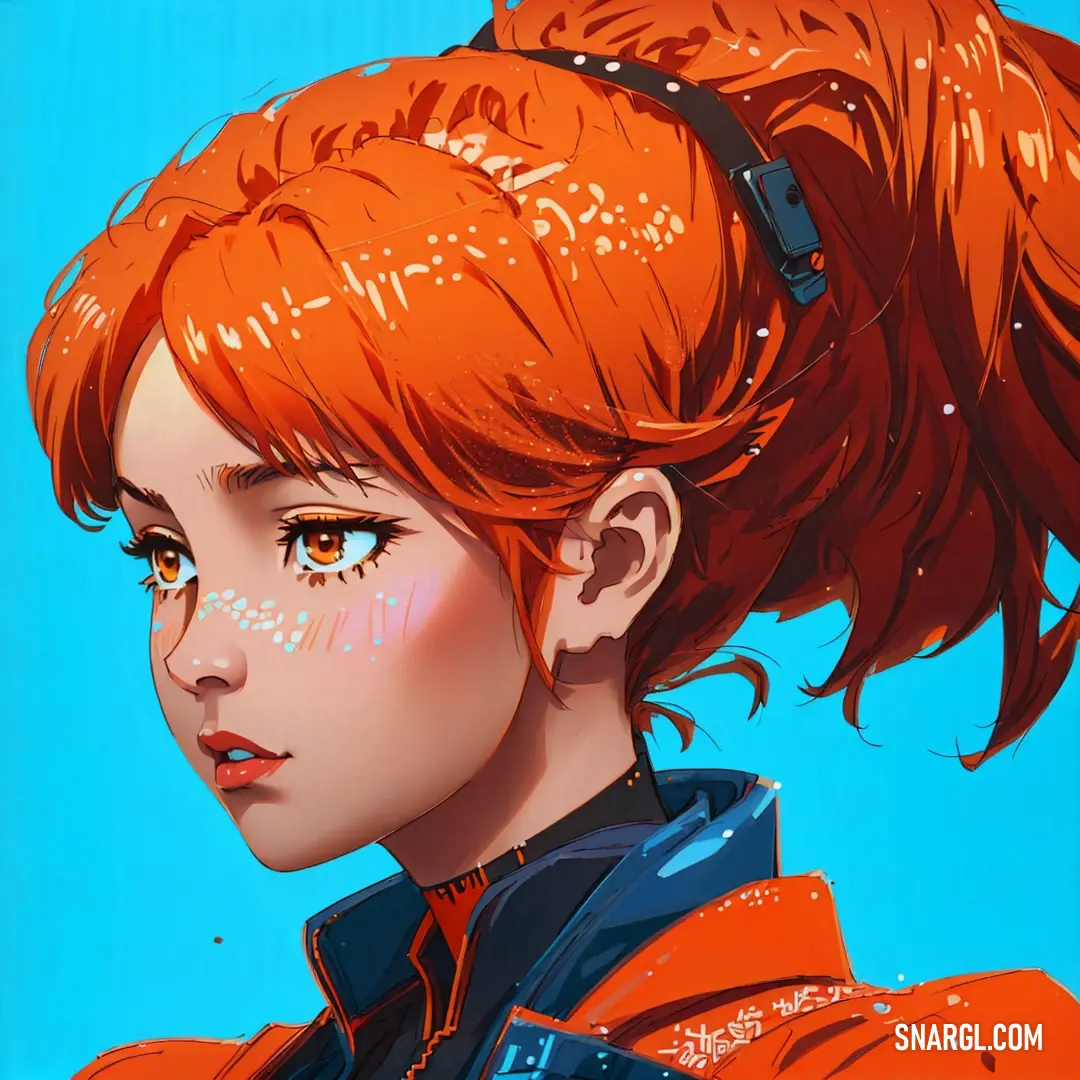 Ubuntu Orange color. Painting of a woman with red hair and a ponytail with a blue background