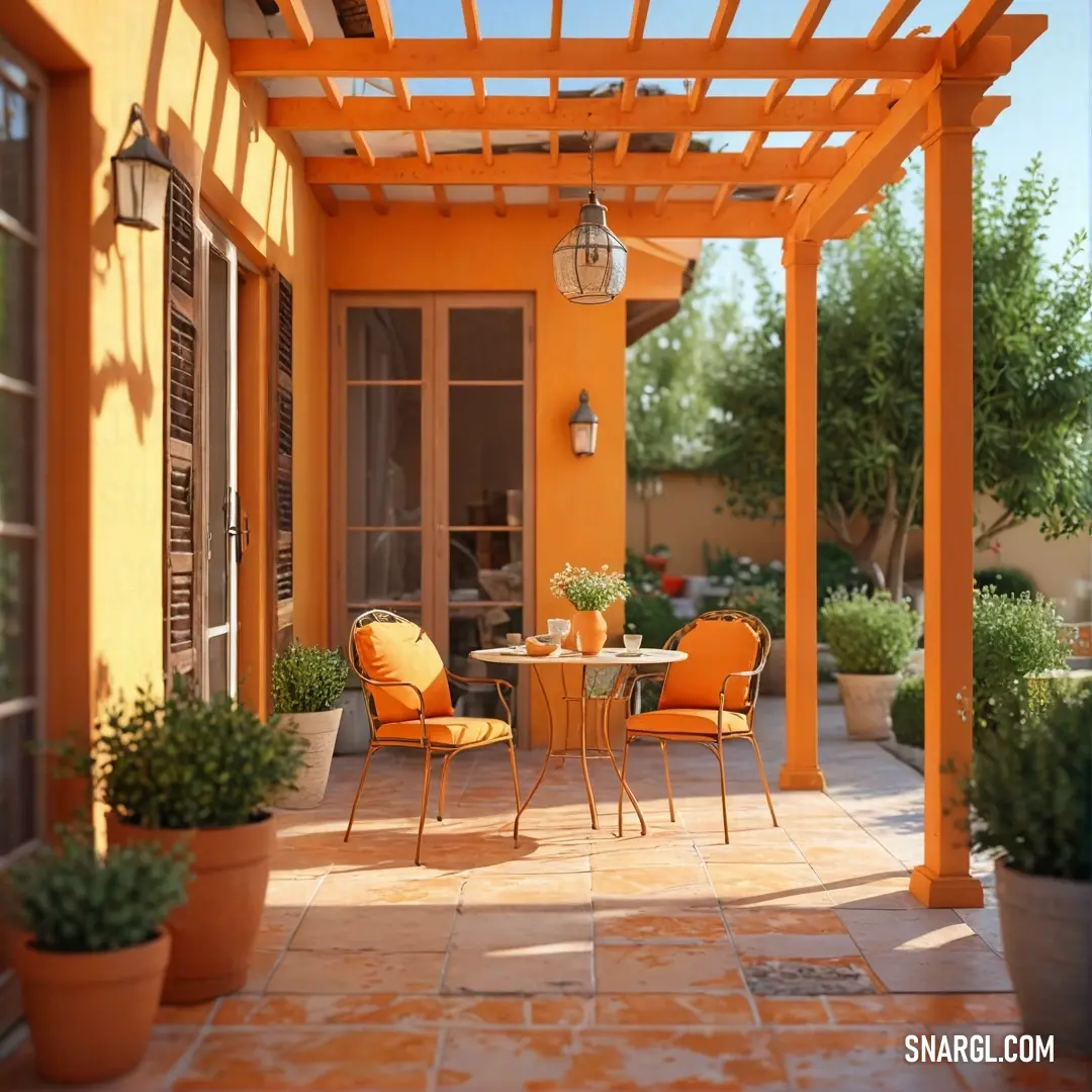 Ubuntu Orange color. Patio with a table and chairs and a potted plant on the side of the patio area with a table