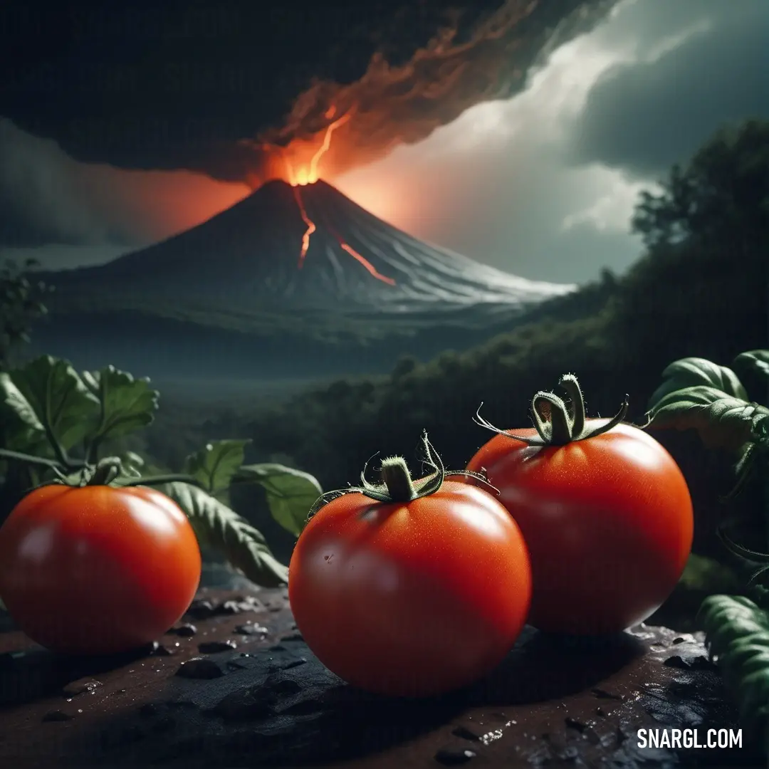 Three tomatoes on a table with a volcano in the background. Example of Ubuntu Orange color.