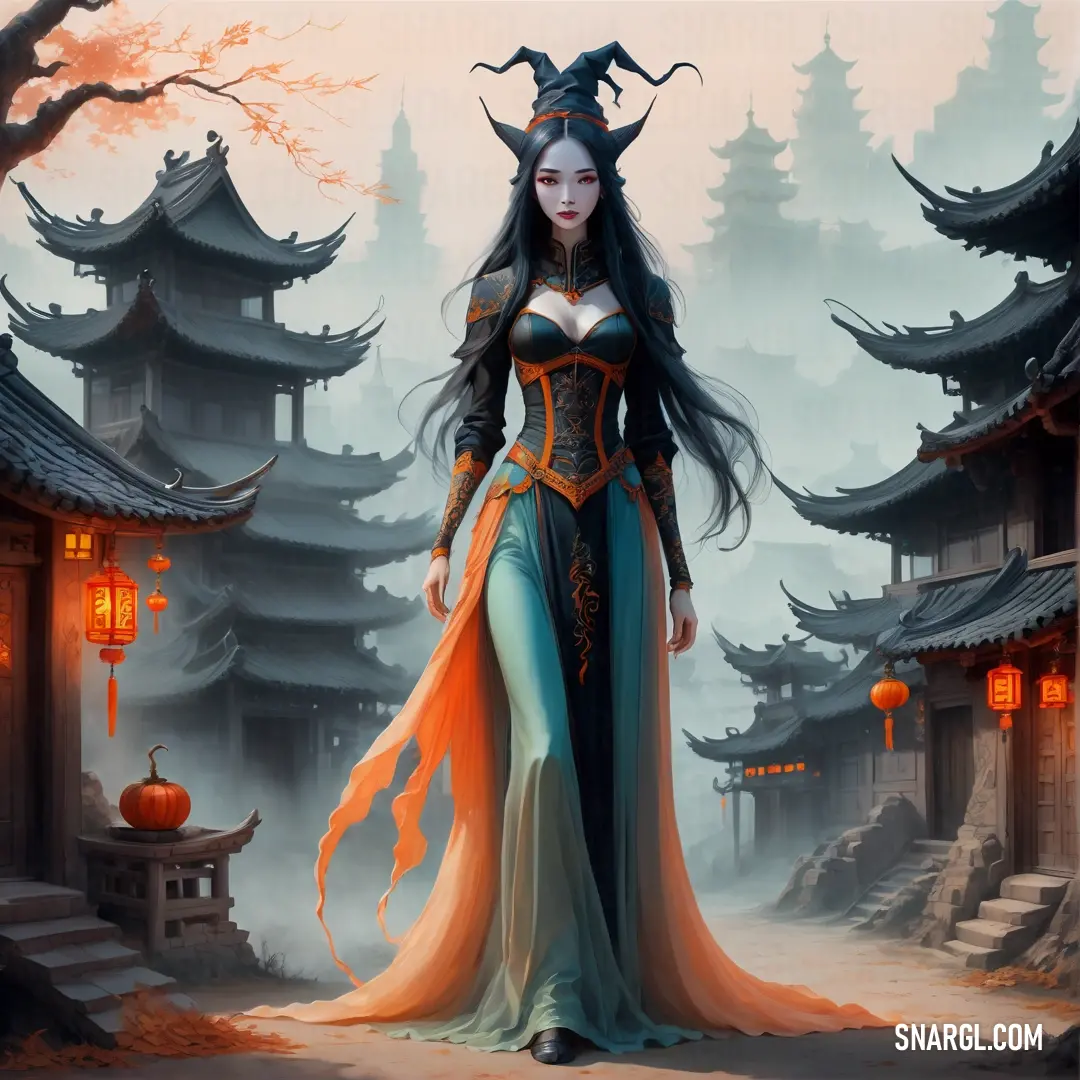 Woman in a costume standing in front of a pagoda with lanterns and lanterns on it's sides. Color Ubuntu Orange.