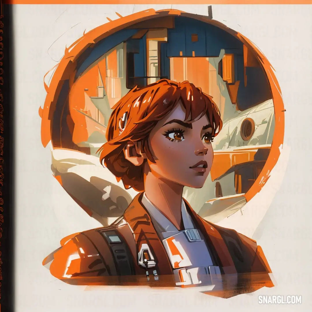 Woman in a star wars outfit is looking at something in the distance with a spaceship in the background. Color RGB 233,84,32.