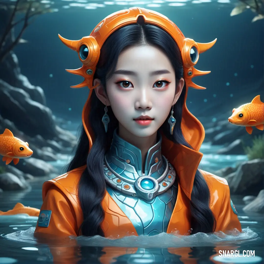 Woman in a orange outfit with fish around her head. Color RGB 233,84,32.