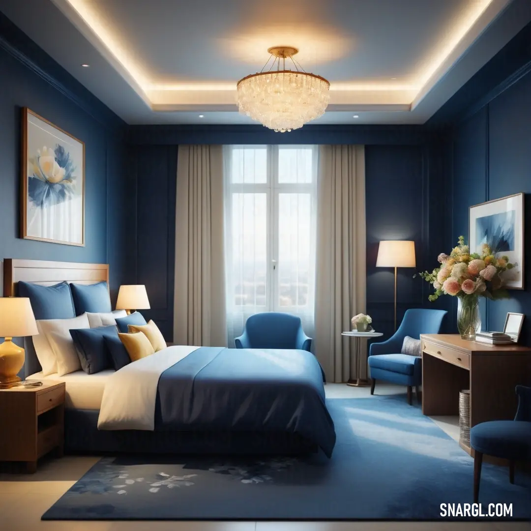 UCLA Blue color example: Bedroom with a blue bed and a chandelier hanging from the ceiling and a blue chair and table