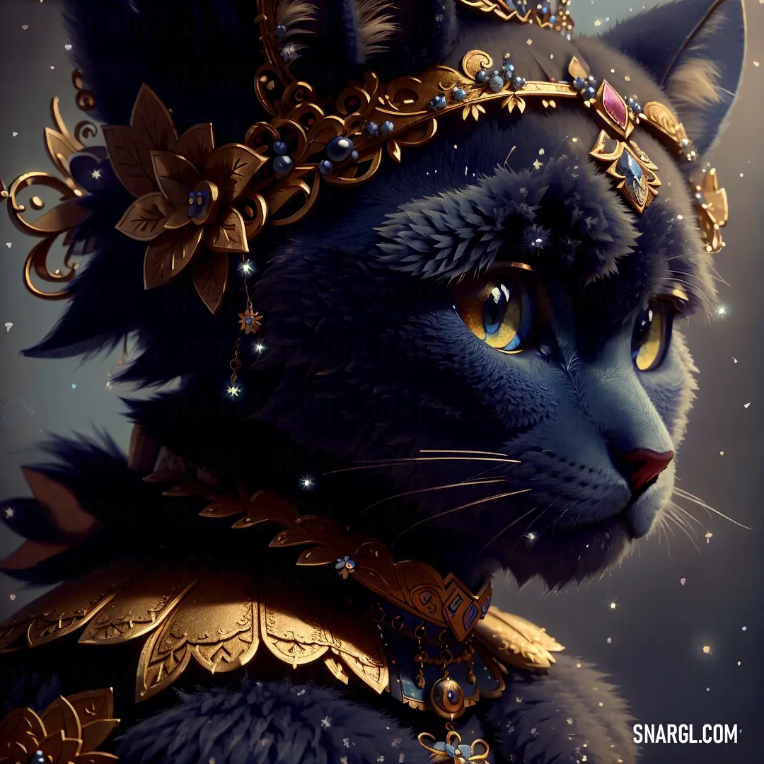 Black cat with a gold crown on its head and a blue dress on its chest and neck