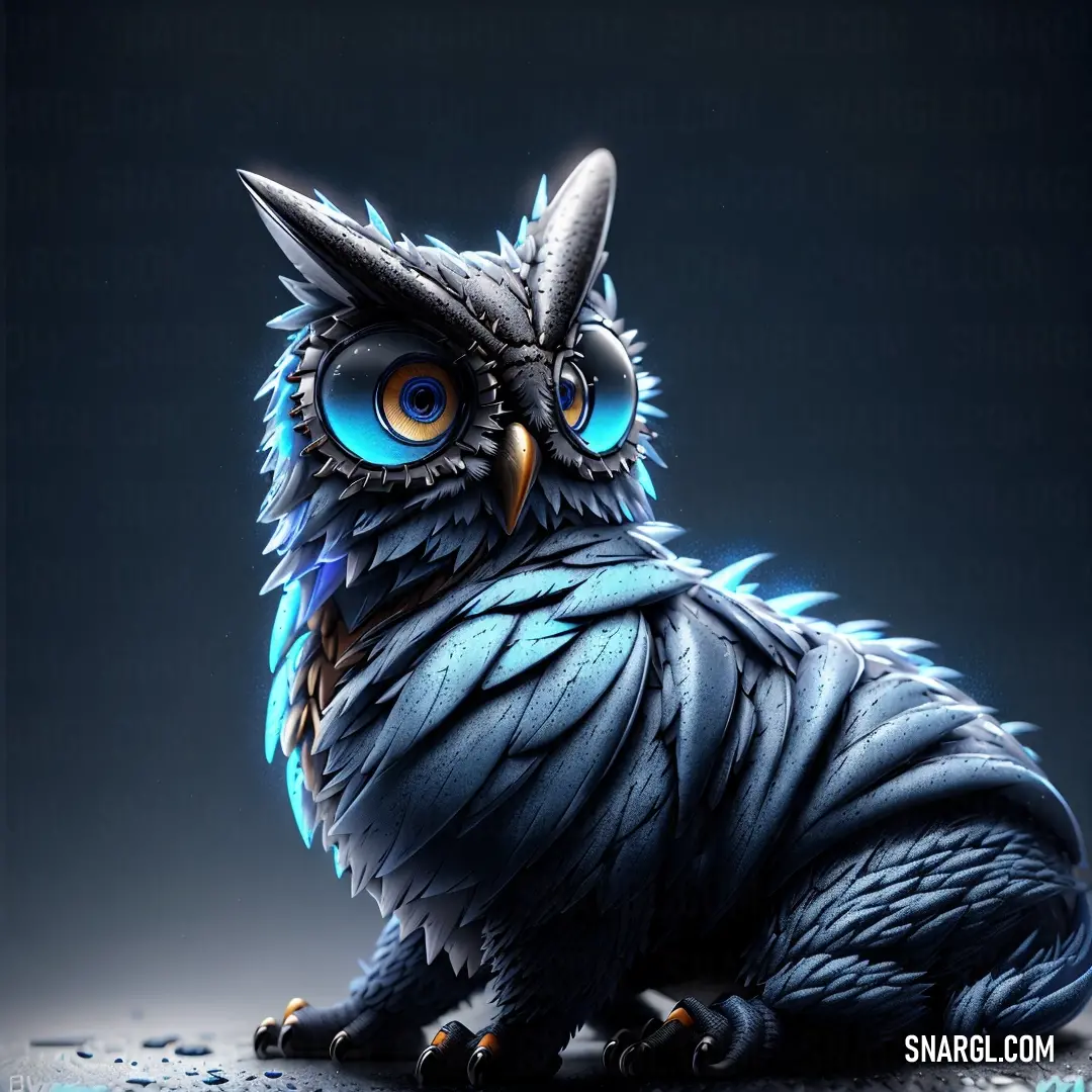 Blue owl with horns and horns down on the ground with its eyes open and glowing blue eyes