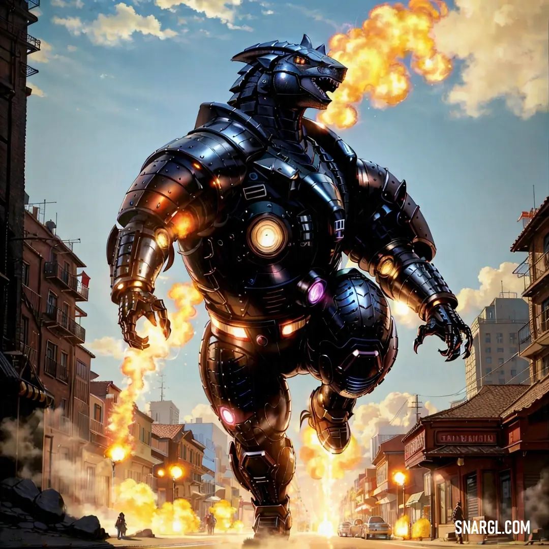 Giant robot is running through a city street with fire coming out of its mouth and glowing eyes on its face