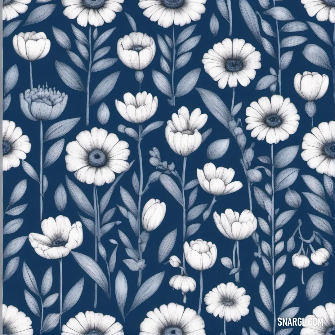 Blue and white flower pattern with leaves and flowers on it, with a blue background. Color CMYK 44,30,0,42.