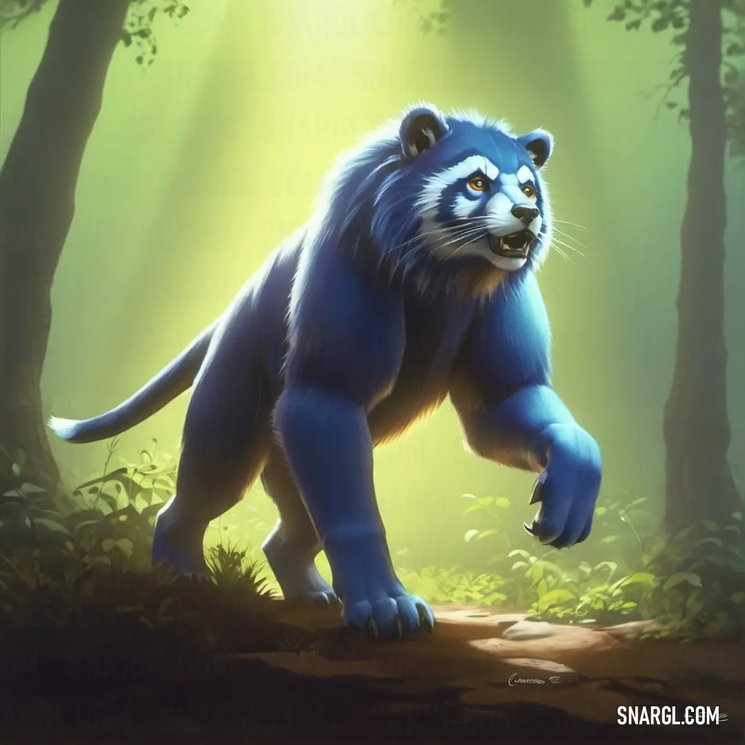 Blue tiger is walking through a forest with trees and grass in the background. Example of CMYK 44,30,0,42 color.