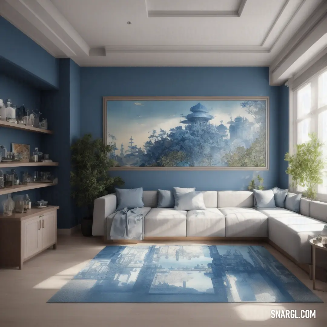 Living room with a large painting on the wall and a blue rug on the floor. Example of UCLA Blue color.