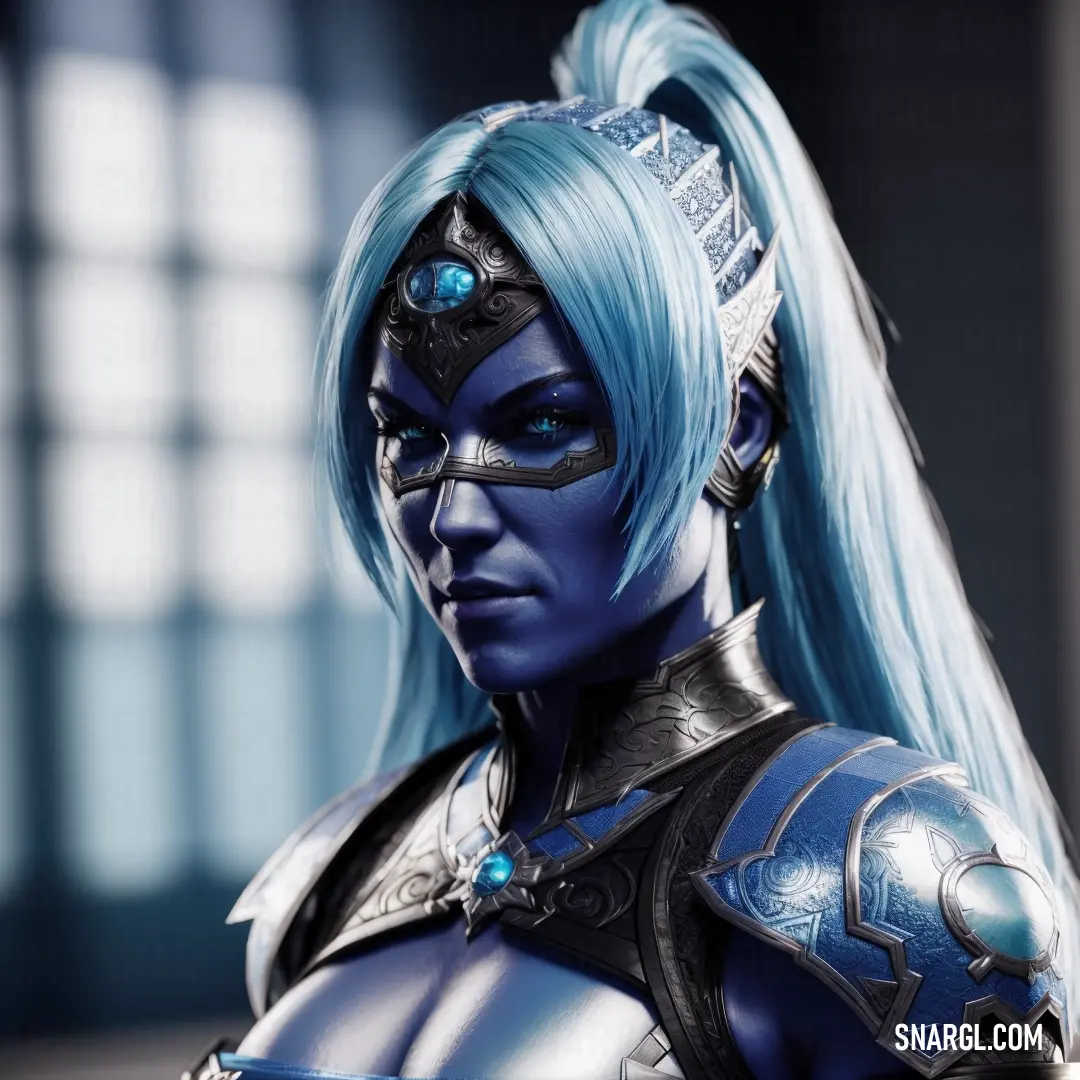 Woman with blue hair and blue makeup is dressed in a costume and a helmet with horns and a sword