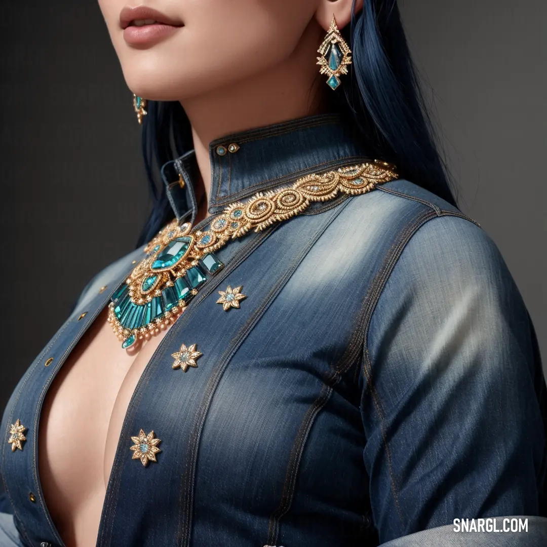 Woman with blue hair wearing a blue dress and gold jewelry and earrings on her neck and chest