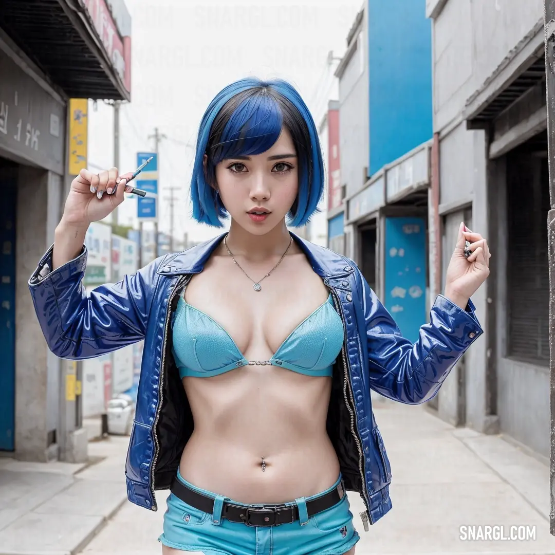 Woman with blue hair and a blue bra top smoking a cigarette on a city street with buildings in the background