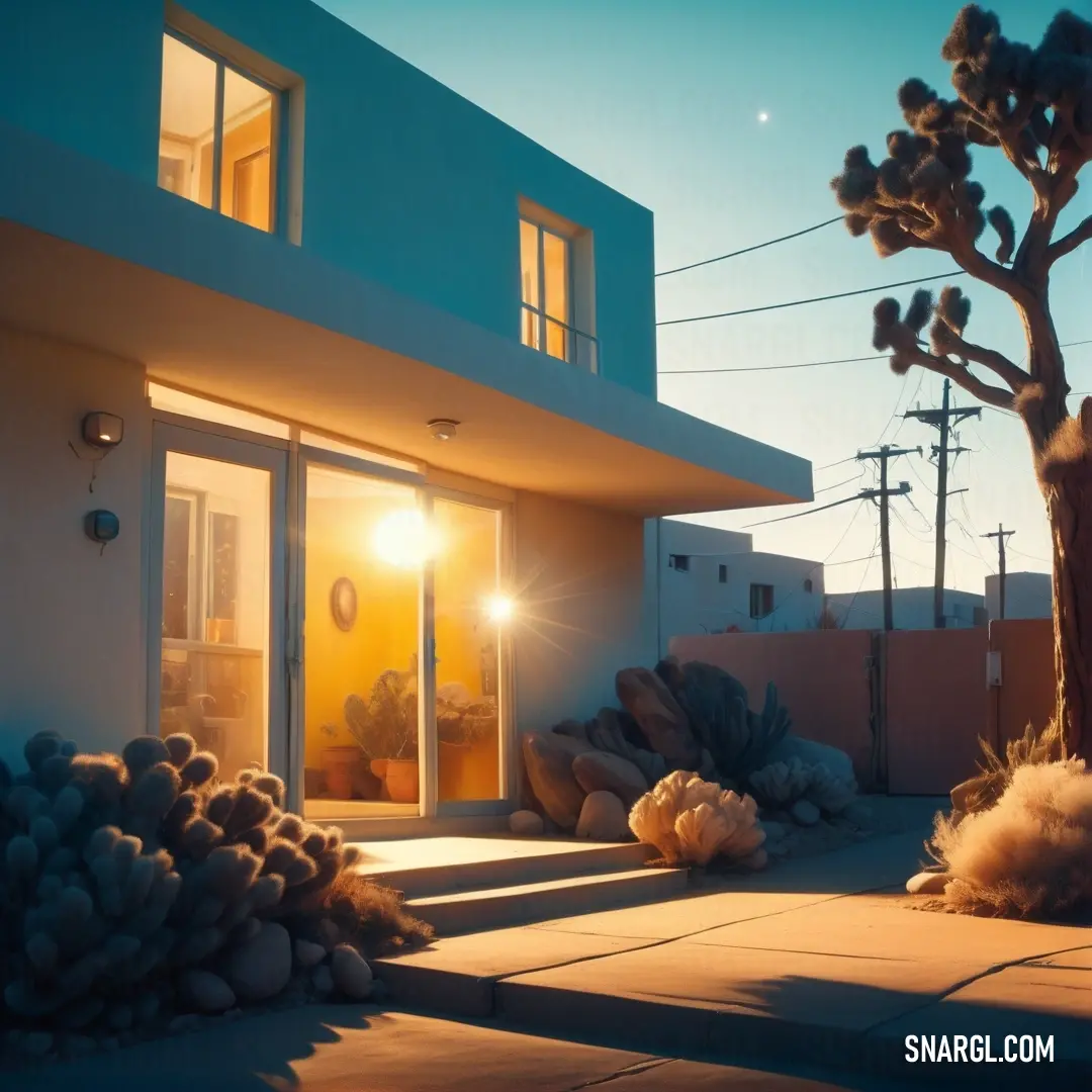 House with a tree and a light shining on it's front door and windows and a cactus in the yard. Example of #FFB300 color.