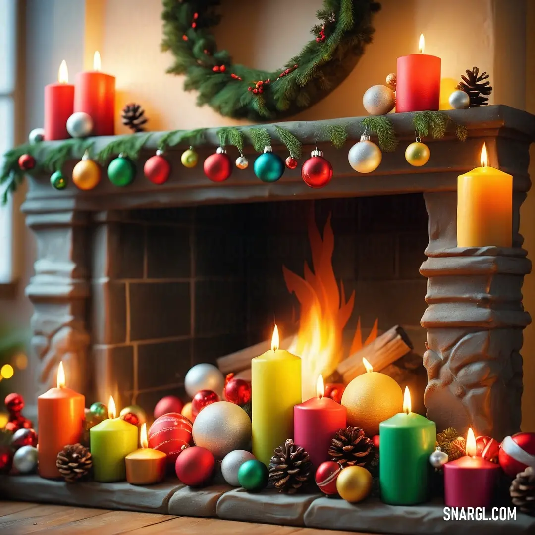 UCLA Gold color example: Fireplace with a bunch of candles on it and a wreath on the mantle with balls and ornaments around it