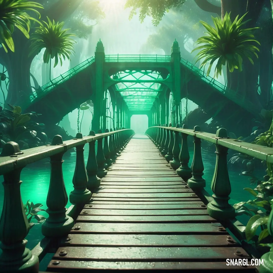 Bridge that is over a body of water with a bridge in the background and trees on both sides. Example of RGB 60,208,112 color.