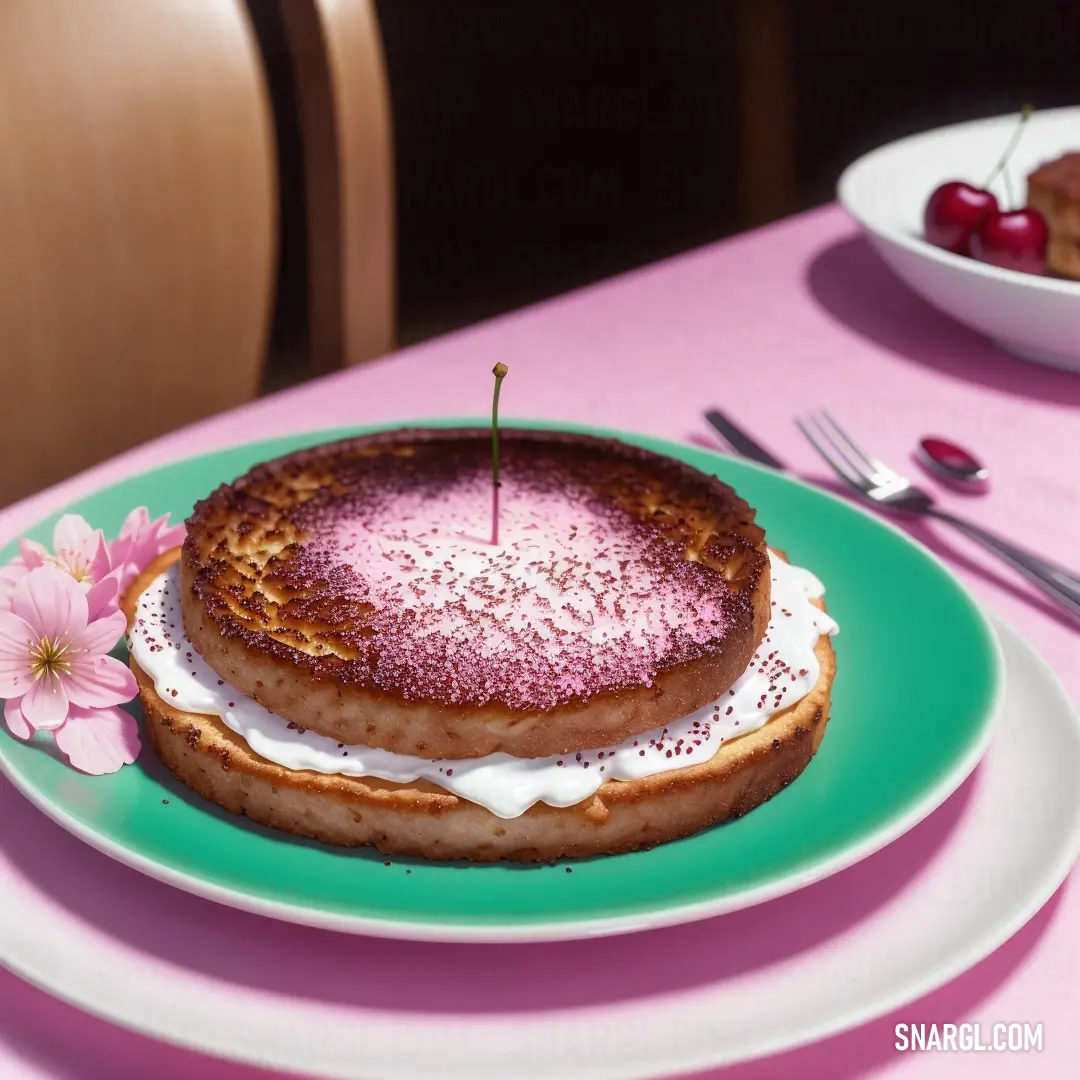 Cake with a candle on top of it on a plate with a flower on it and a fork