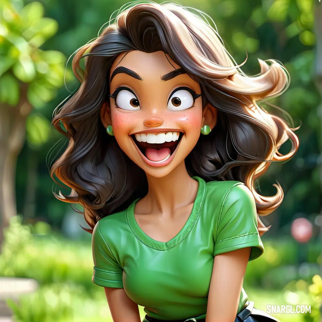 UFO Green color example: Cartoon girl with a green shirt and a green dress smiling and on a bench in a park