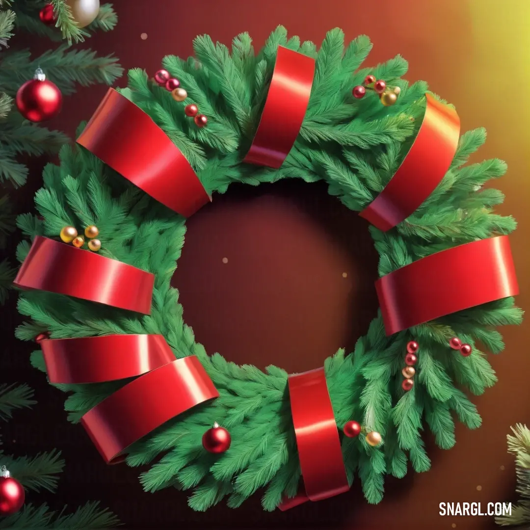Christmas wreath with red bows and ornaments on a brown background. Color #3CD070.