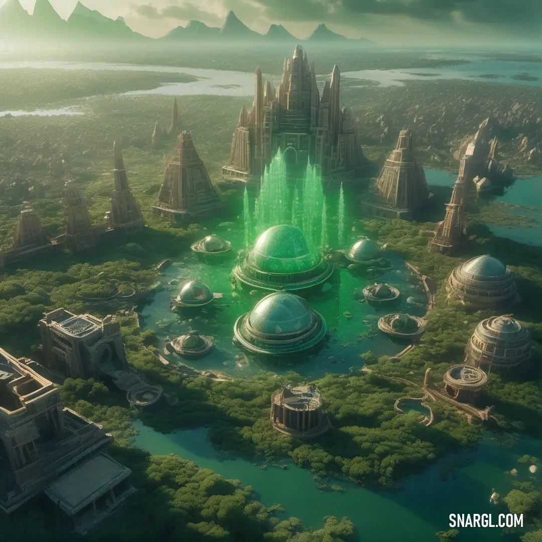 Futuristic city with a fountain surrounded by green trees and mountains in the background. Color CMYK 71,0,46,18.