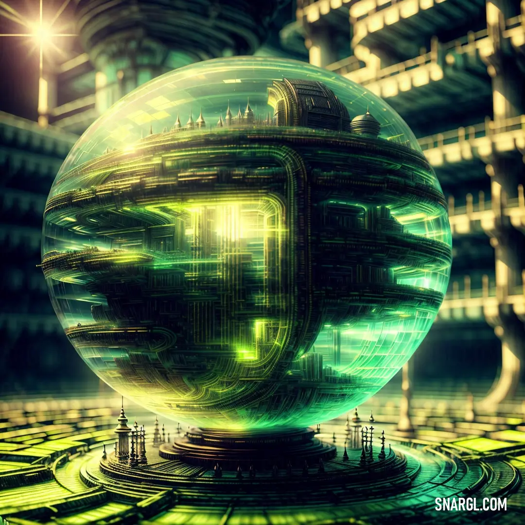 Futuristic city with a large glass ball in the center of it and a star above it in the background