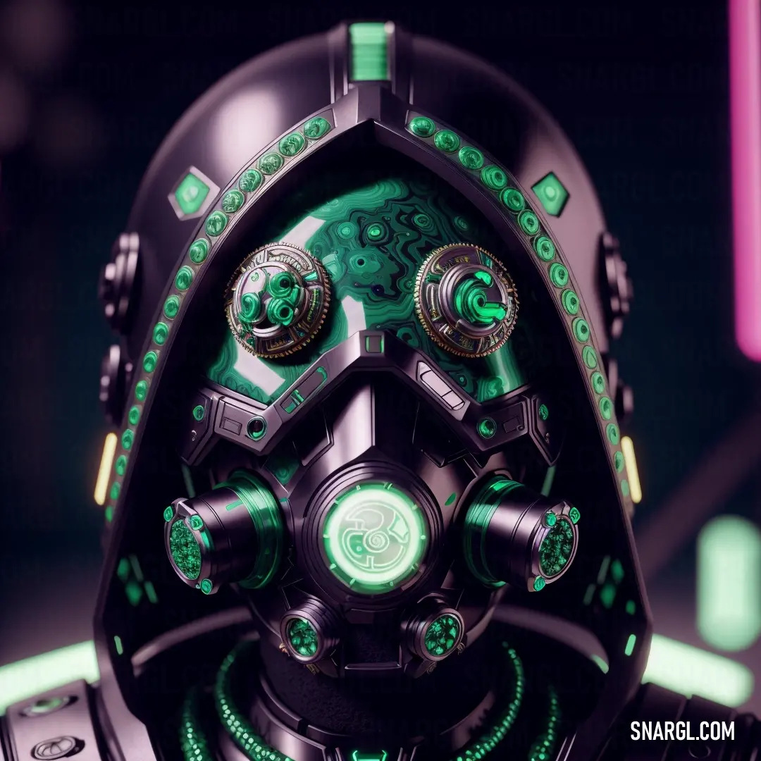 Futuristic helmet with green lights on it's face and a remote control in the foreground of the image