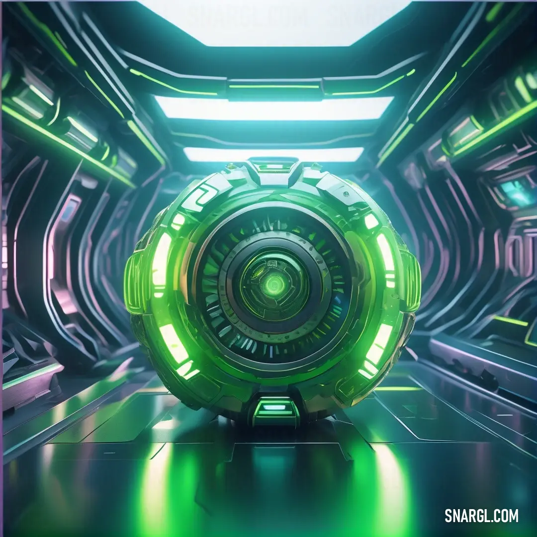 Futuristic looking room with a green light coming from the center of it. Color #3CD070.