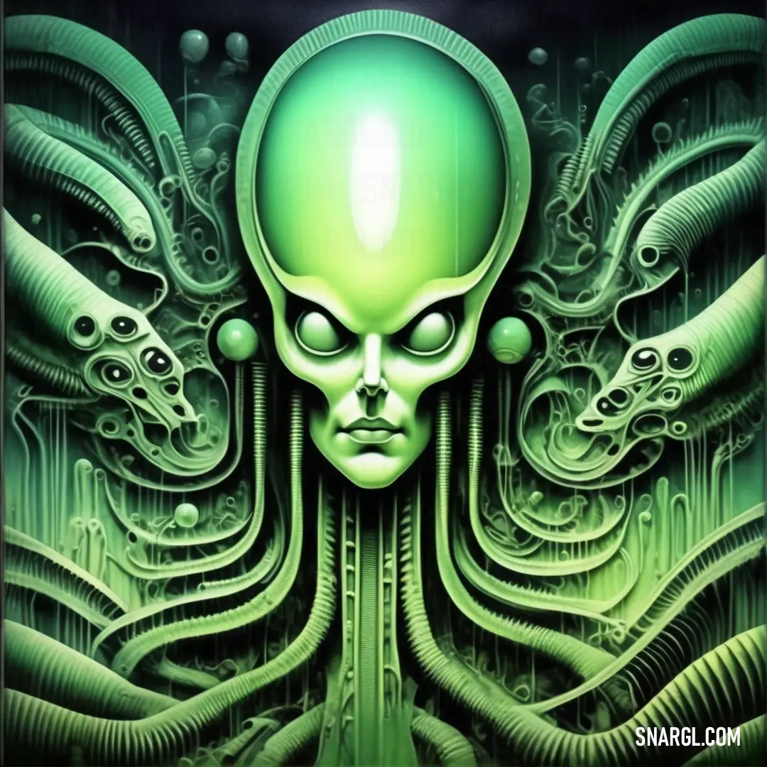 Green alien with a head full of tentacles and a face with eyes and headphones on it's head. Color UFO Green.