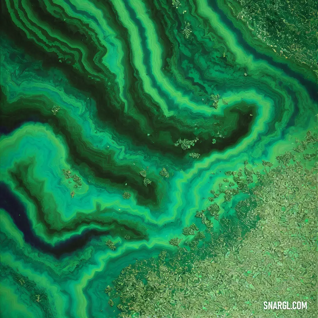 Green and blue liquid substance is seen in this aerial view of a body of water with a green
