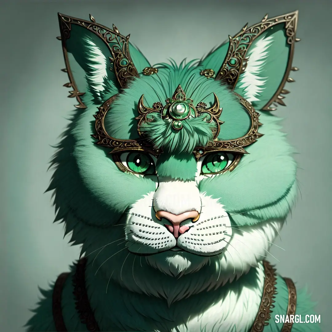 Green cat with a gold crown on its head and eyes