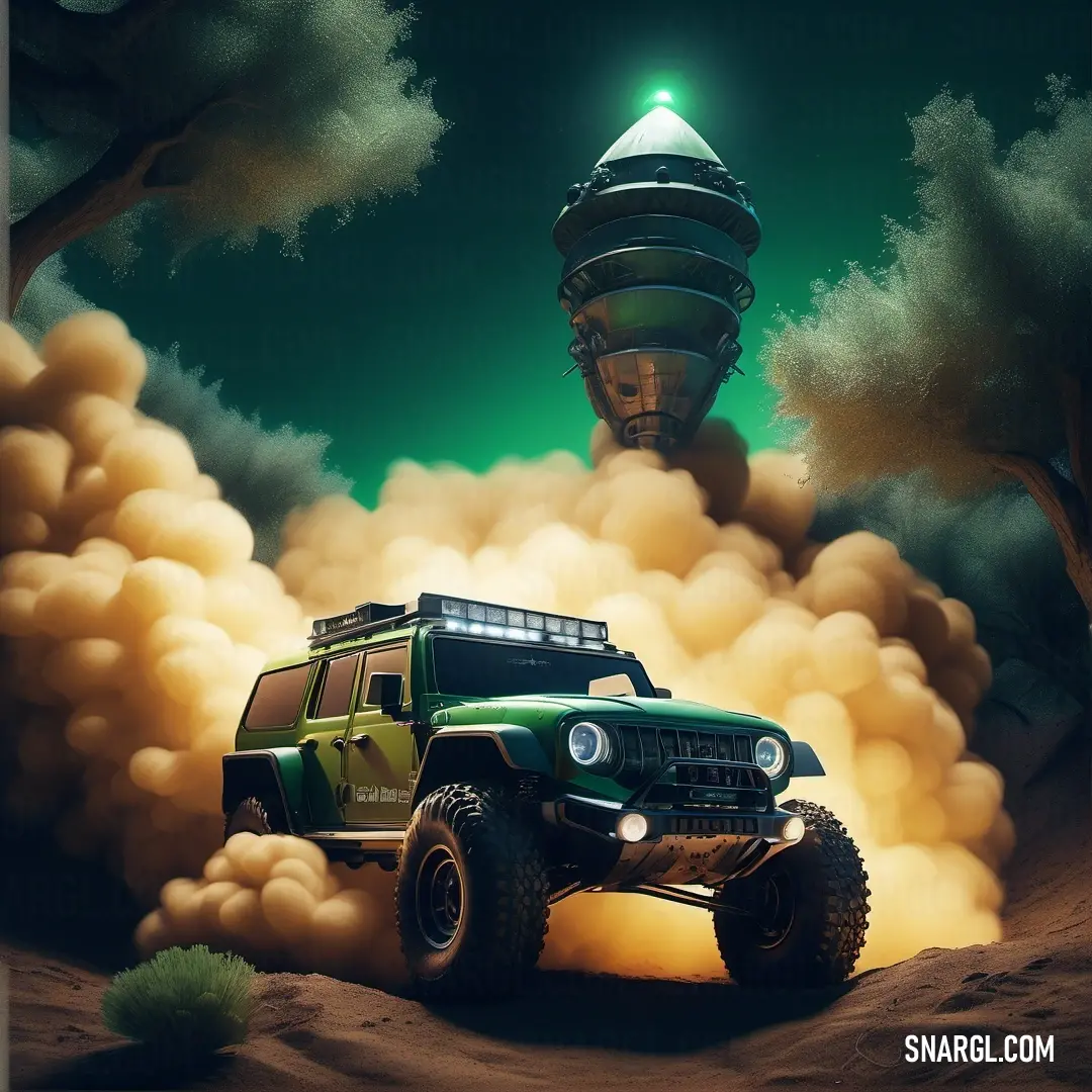 Green jeep driving through a desert with a tower in the background and clouds of smoke behind it. Example of #3CD070 color.