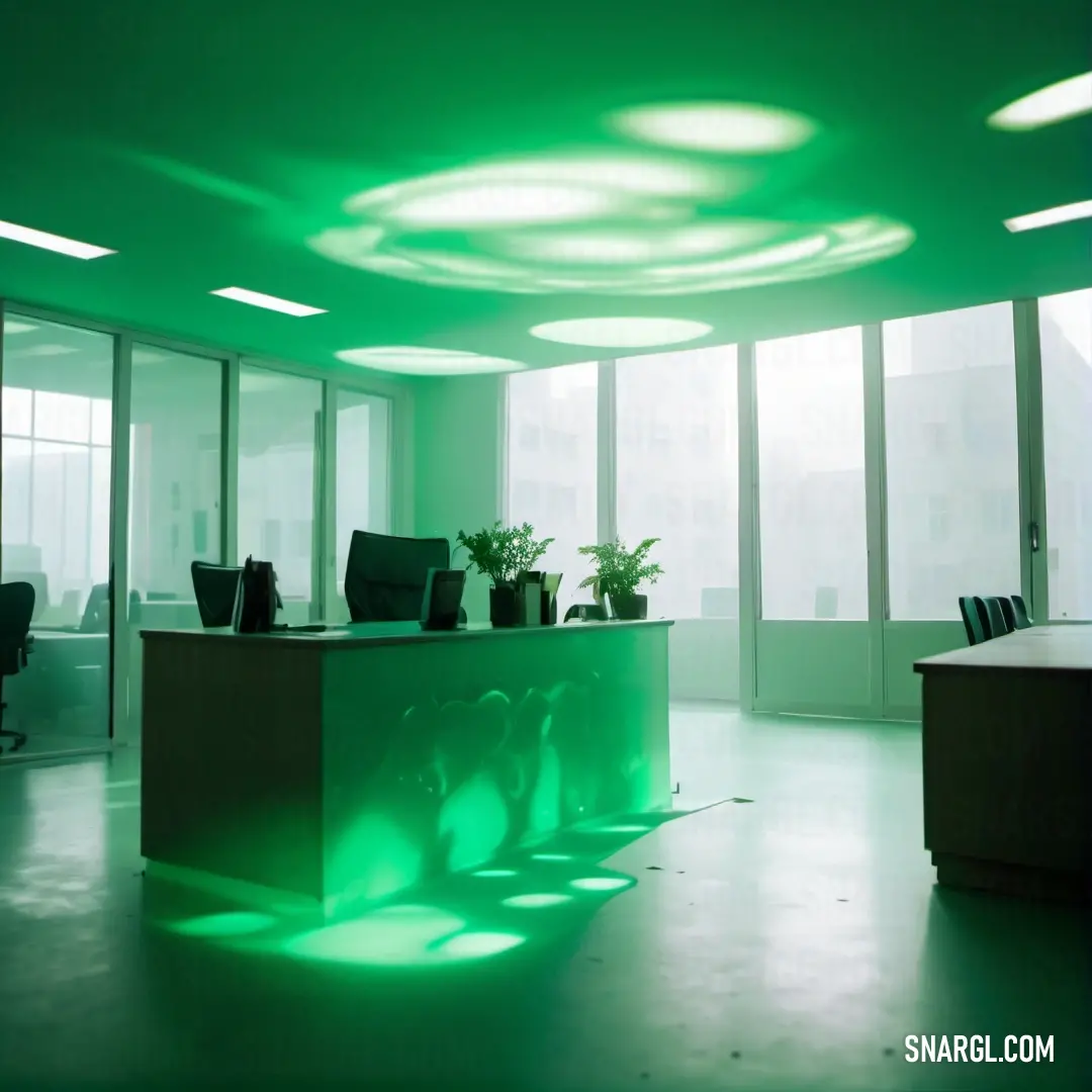 Green office with a green light coming from the ceiling and a green light coming from the ceiling. Example of #3CD070 color.