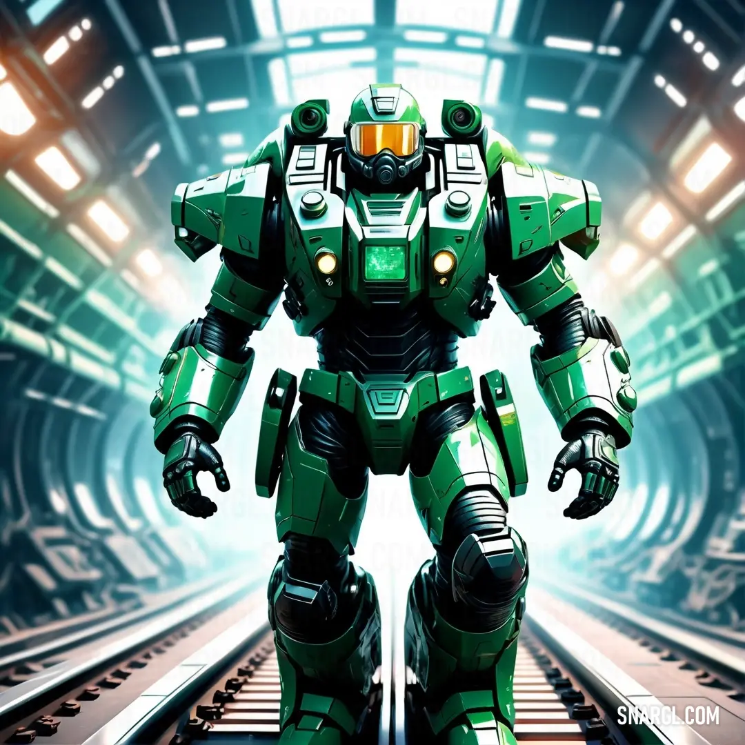 UFO Green color. Green robot standing on a train track in a tunnel with lights on it's head and arms