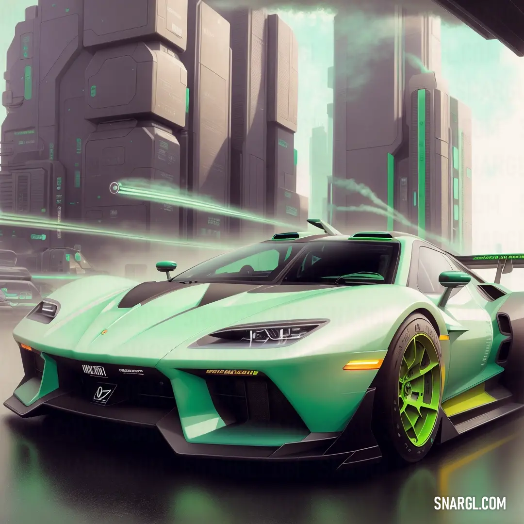 Green sports car driving through a city street with tall buildings in the background and a green spray painted on the front