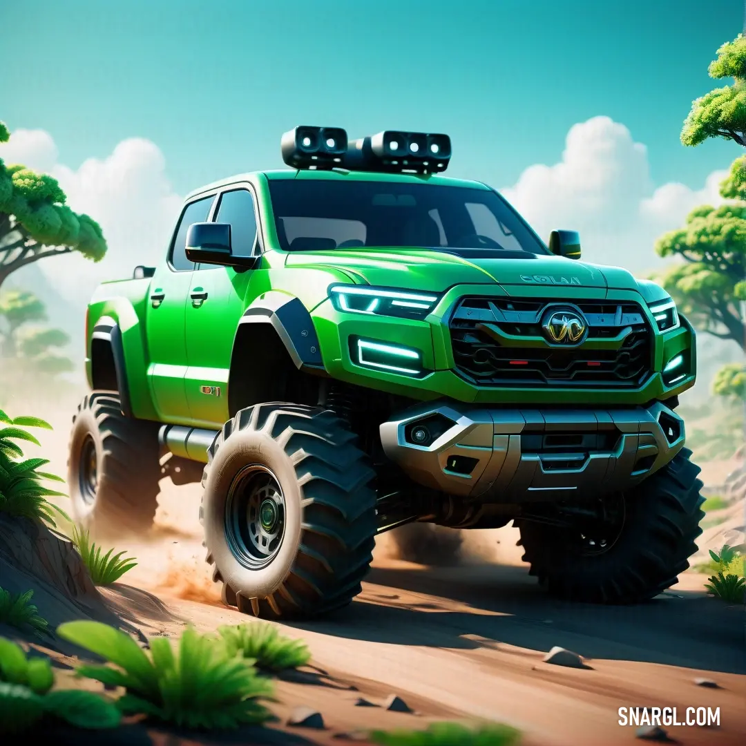 UFO Green color. Green truck driving through a forest filled with trees and bushes on a sunny day with a sky background