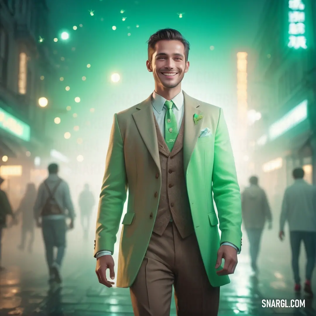 Man in a green suit and tie walking down a street at night with people walking by him. Example of UFO Green color.