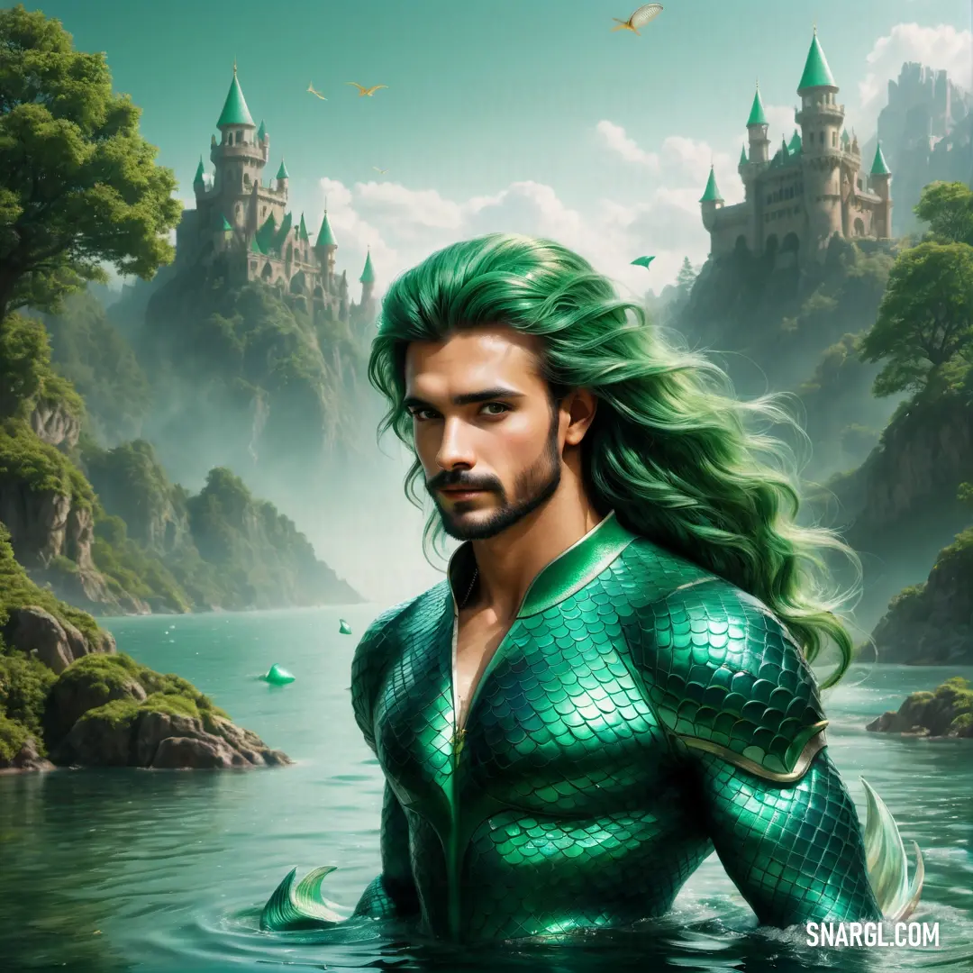 UFO Green color. Man with long green hair standing in water with a castle in the background and a green tail on his head