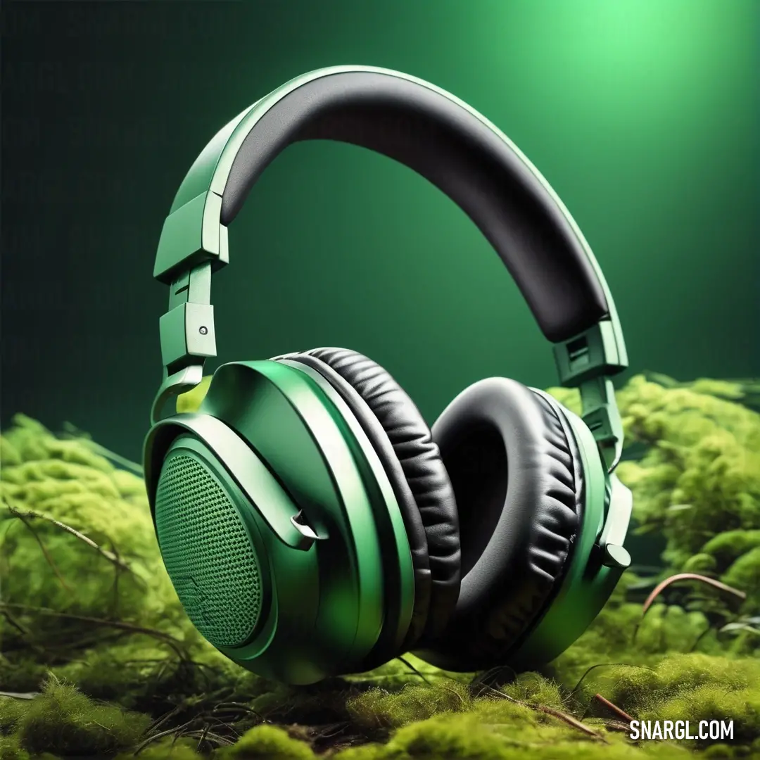 Pair of headphones on top of a moss covered ground with a green background. Color RGB 60,208,112.
